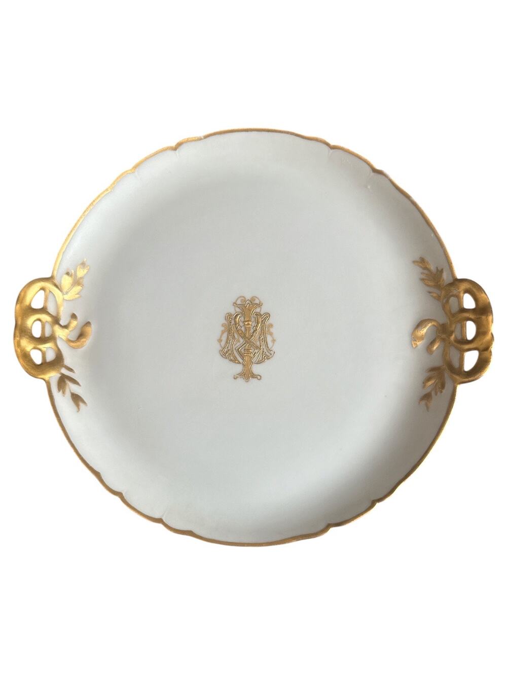 Vintage Bisque Porcelain 9” Plate Gold Trim Monogram M Center